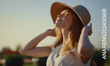 Mujer con los ojos cerrados y sombrero disfruta del atardecer