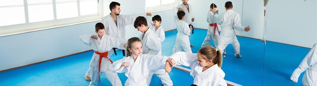 Grupo de personas practicando artes marciales en un dojo, vestidos con uniformes tradicionales blancos llamados gi y cintos de colores que indican su rango. Están realizando ejercicios de entrenamiento, como golpes y posturas, en una sala con suelo de tatami y espejos en la pared